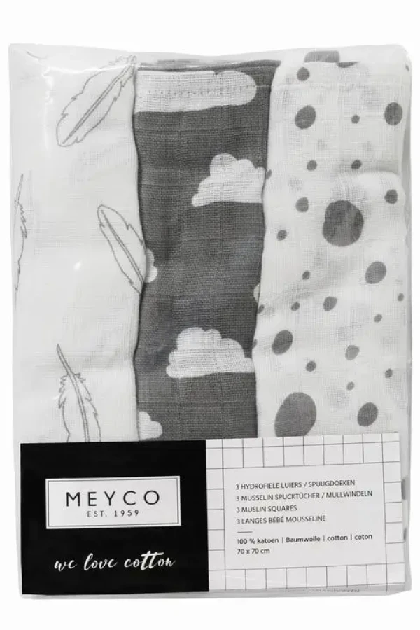 Meyco Plienky 3-balenie Feathers-clouds-dots sivá/biela