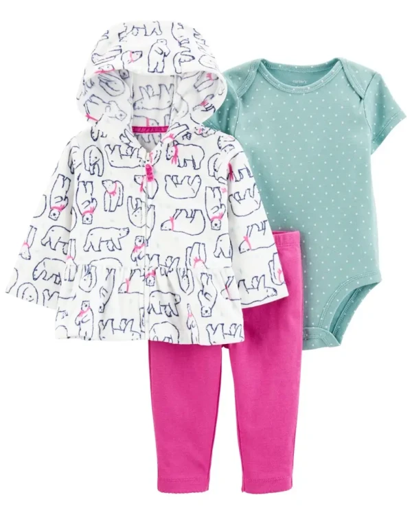 CARTER'S Set 3dielny kabátik, legíny, body kr. rukáv Ivory Bears dievča 3m