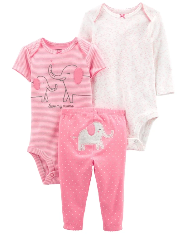 CARTER'S Set 3dielny body kr. rukáv, body dl. rukáv, tepláky Pink Elephant dievča LBB NB, veľ. 56