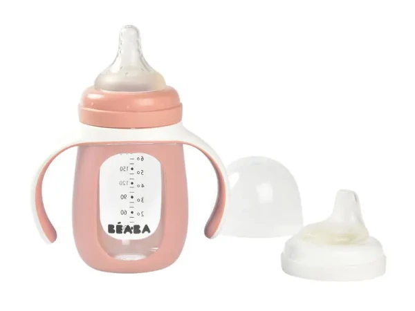 Beaba Dojčenská fľaša sklenená 2v1 210ml so silikónovou ochranou Pink