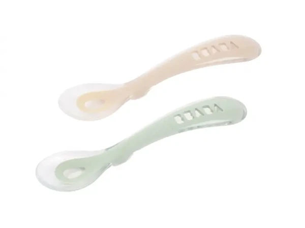 Beaba Lyžičky silikónové 2 ks s puzdrom Clay /Green