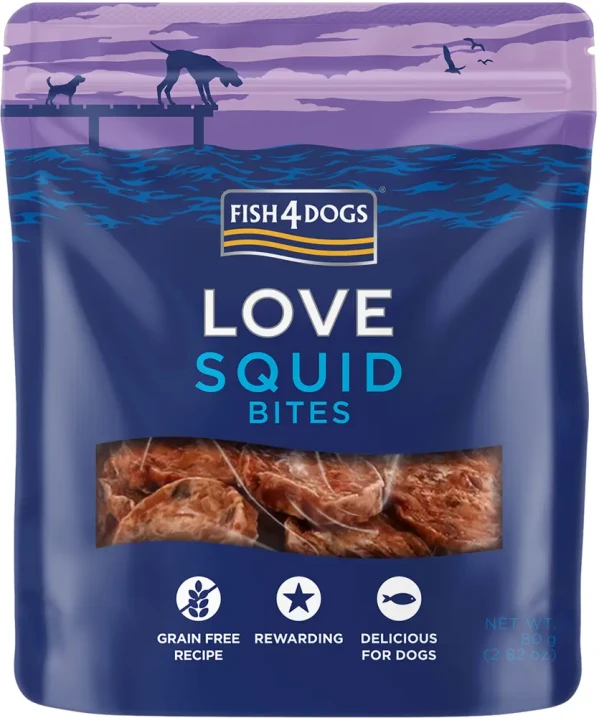 FISH4DOGS Maškrty pre psov LOVE kalmáre 80 g