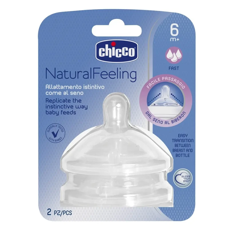 CHICCO Cumlík na fľašu Natural Feeling silikón, rýchly prietok 2 ks, 6m+