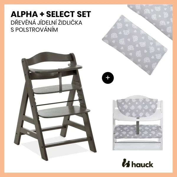 Hauck Alpha+ Select set 2v1 drevená stolička, charcoal + poťah Teddy grey
