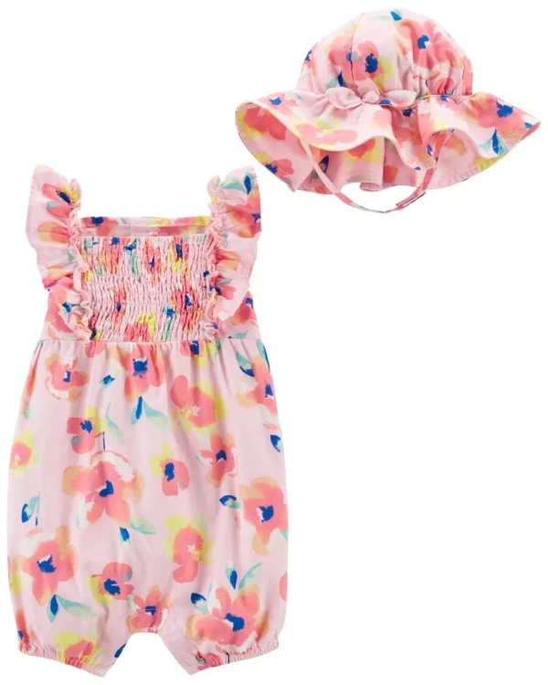 CARTER'S Set 2dielny overal letný, klobúk Floral Pink dievča NB/ veľ. 56