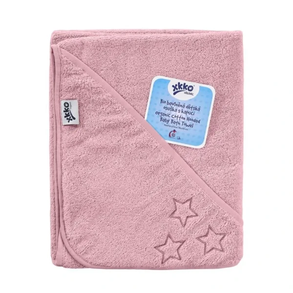 XKKO Organic BIO Bavlnená froté osuška s kapucňou 90x90- Baby Pink Stars