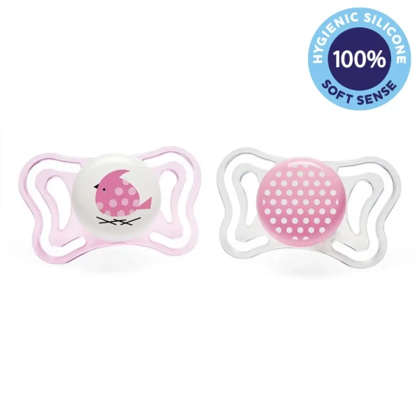 CHICCO Cumlík Physio Light silikónový dievča - vtáčik/bodky 2 ks, 2-6 m+