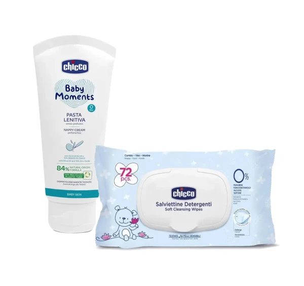 CHICCO Krém na detský zadoček 100 ml + Detské čistiace vlhčené utierky, 72 ks