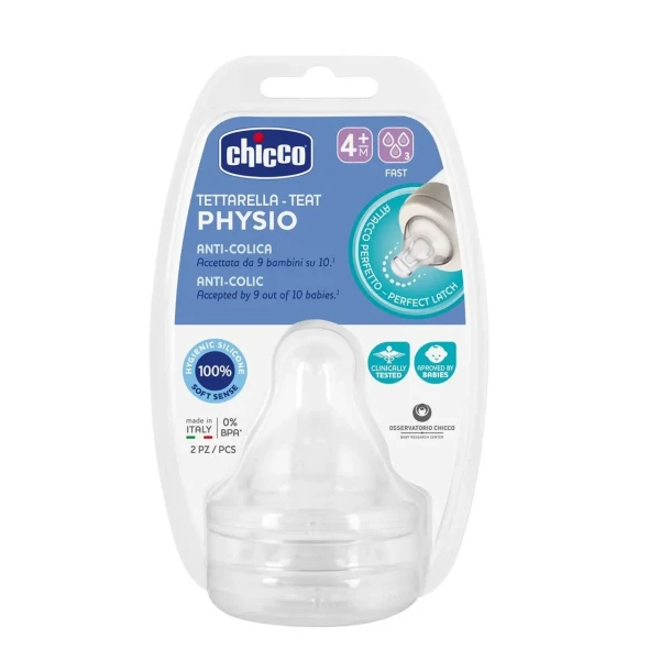 CHICCO Cumlík na fľašu Perfect 5 fyziologický silikón, rýchly prietok 4 m+, 2 ks