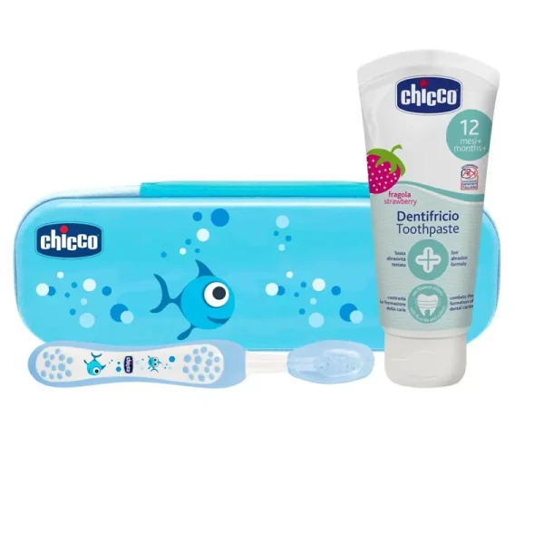CHICCO Set zubná kefka s puzdrom+pasta Always Smiling modrá 12m+