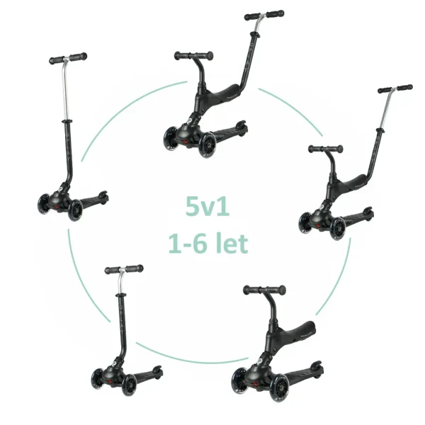 QPLAY Kolobežka Sema Pro Black, 5 v 1, s LED kolieskami, vek 1-6 rokov