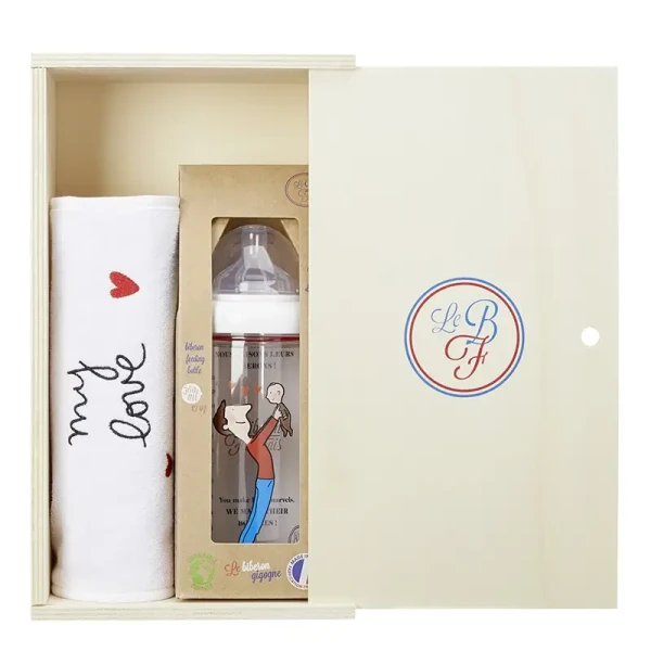 LE BIBERON FRANCAIS DARČEKOVÝ DREVENÝ BOX LE BIBERON FRANCAIS S PODBRADNÍKOM MY LOVE A DOJČENSKOU FĽAŠOU FATHER BABY, 360ML, 6+M