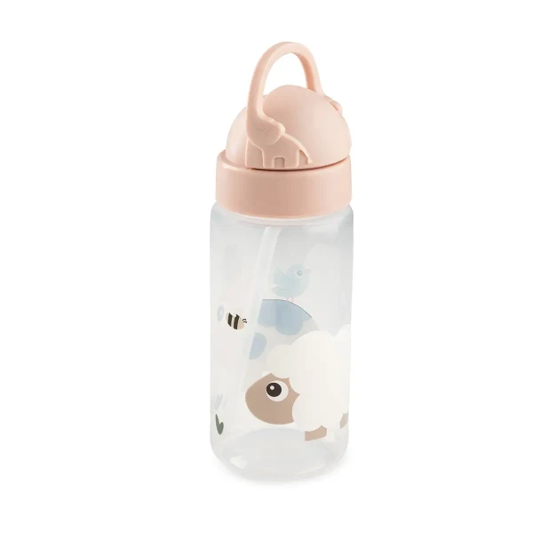 DONE BY DEER Detská fľaša so slamkou Tiny Farm 350 ml - růžová