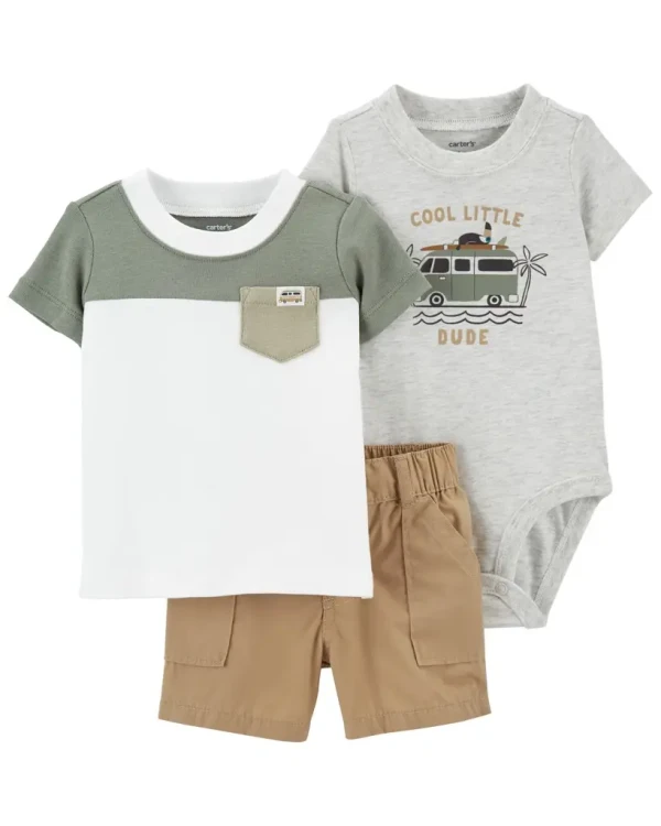 CARTER'S Set 3dielny tričko kr. rukáv, body kr. rukáv, kraťasy Brown Grey chlapec 9m