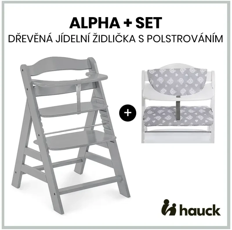 Hauck Alpha+ set 2v1 drevená stolička, grey + poťah Teddy grey