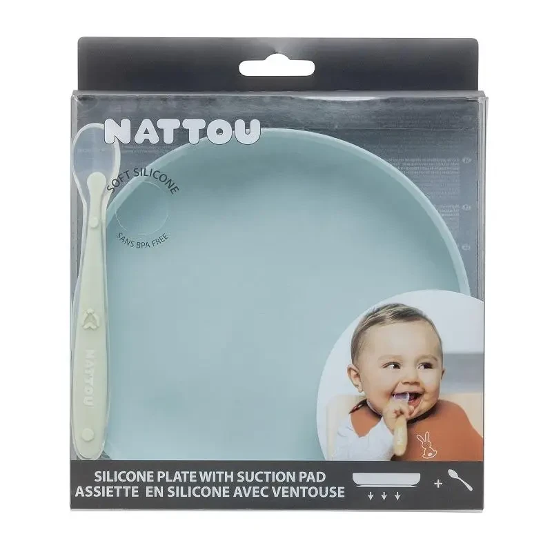 NATTOU Set jedálenský silikonový 2 ks tanier a lyžička mint bez BPA