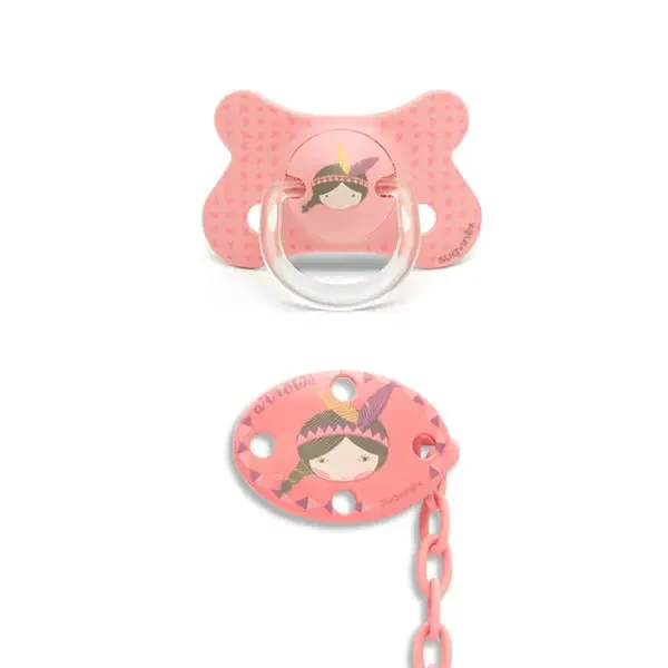 SUAVINEX  CUMLÍK SILIKÓN 4-18 m+ KLIP - RUŽOVÝ INDIÁN