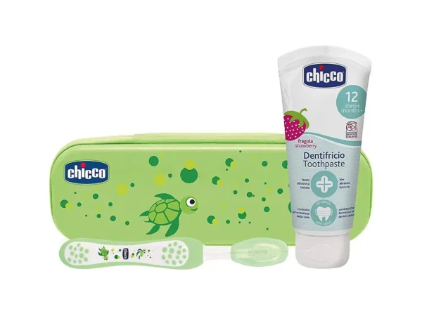 CHICCO Set zubná kefka a pasta s fluórom v puzdre Always Smiling zelená 12m+