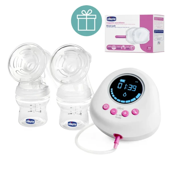 CHICCO Odsávačka materského mlieka duo elektrická Double pink + CHICCO Vložky do podprsenky 30ks