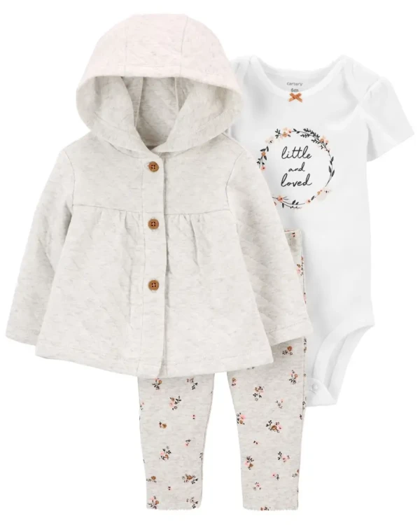 CARTERS Set 3dielny body kr. rukáv, legíny, kabátik Grey dievča LBB NB /veľ.56