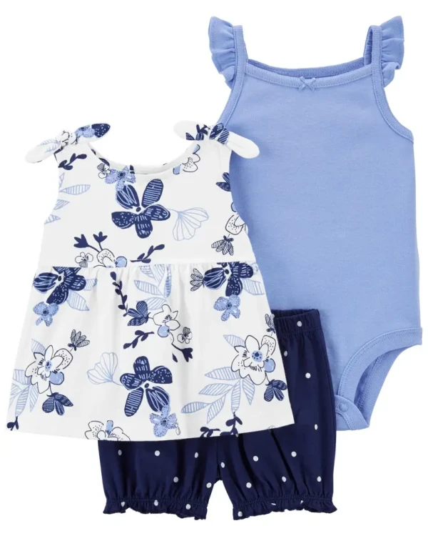 CARTER'S Set 3dielny tričko na ramienka, body na ramienka, kraťasy Blue Flowers dievča NB/ veľ. 56