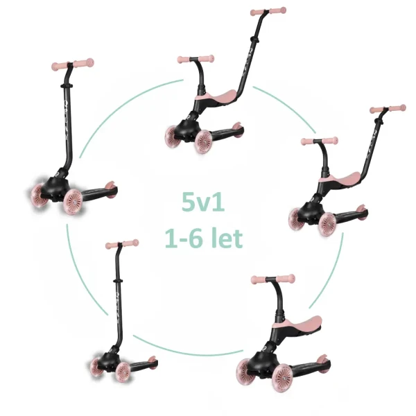 QPLAY Koloběžka / odrážedlo Sema Evo s LED světly Coral Pink, věk 1 - 6 let, do 50 kg