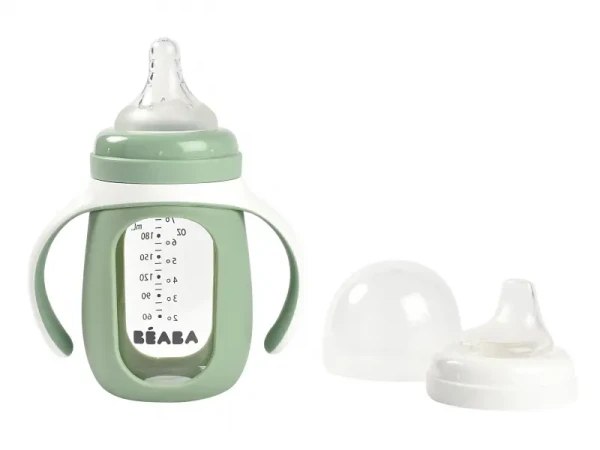 Beaba Dojčenská fľaša sklenená 2v1 210ml so silikónovou ochranou Sage Green