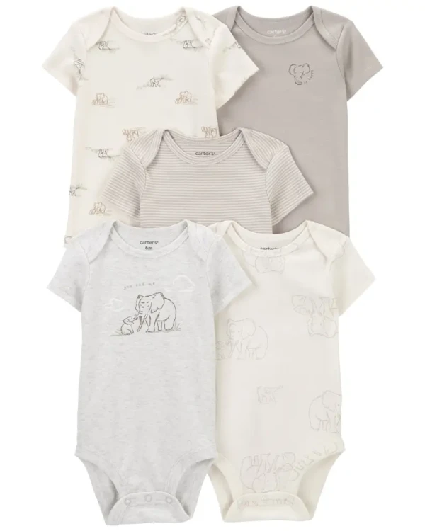 CARTER'S Body krátky rukáv Gray/Cream Elephant neutrál 5ks 12m/ veľ. 80